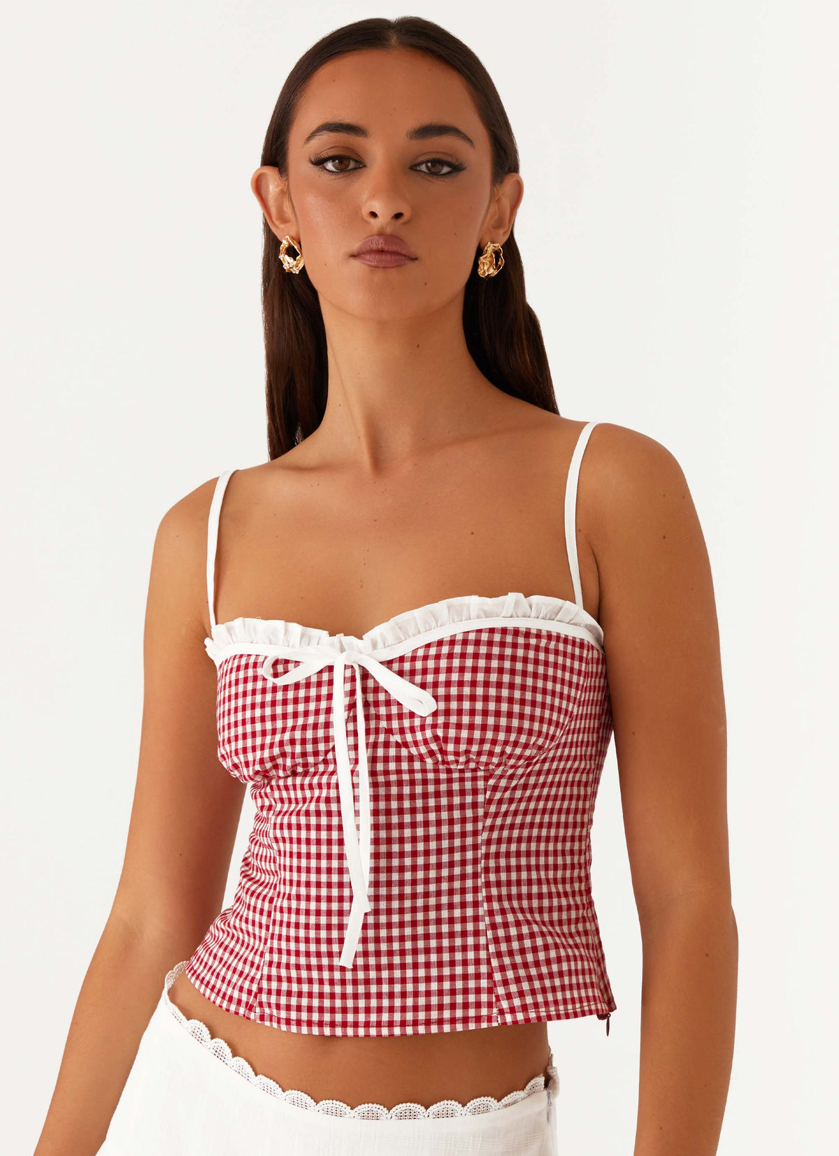 Top bustier Palmer con volantes - Cuadros vichy rojos