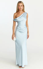 Vestido Midi Lira - Vestido de satén de un solo hombro en azul pálido