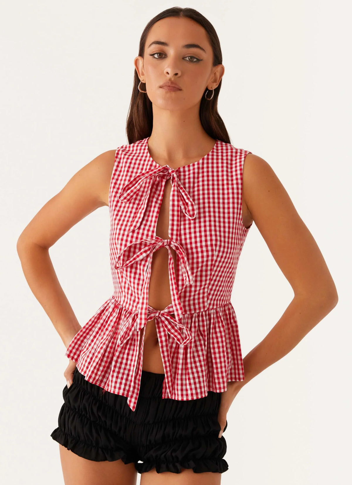 Top Cyrene con nudo - Cuadros vichy rojos