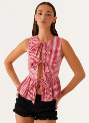 Top Cyrene con nudo - Cuadros vichy rojos