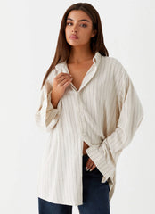 Camisa de lino Oversized Lockie - Raya diplomática color avena