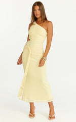 Vestido Midi Mandy - Vestido de Malla con Aberturas y Detalle de Nudo en Color Limón