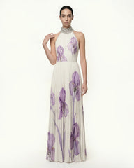 Jeweled-neck Halter Pleated Iris Print Maxi Dress - White/Purple