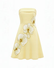Orchid Embroidered Strapless A-Line Midi Dress - Pale Yellow