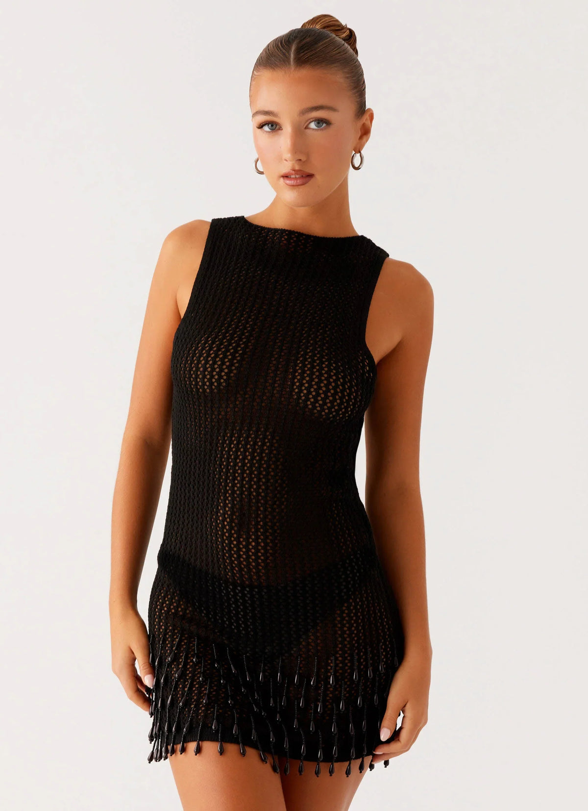 Mini vestido de ganchillo Miracle con abalorios - Negro