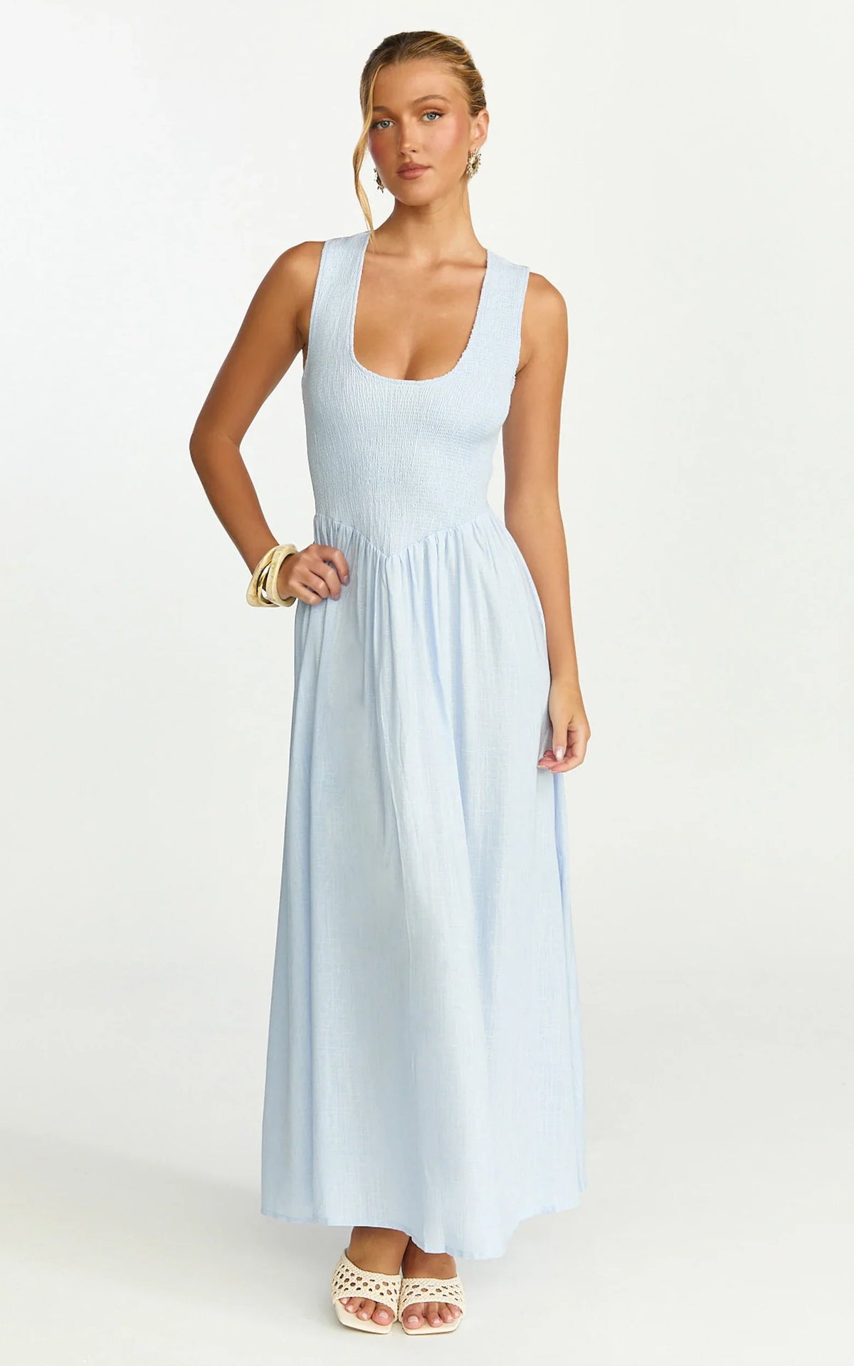 Vestido Longo Luciana - Vestido Smock Gola U Azul