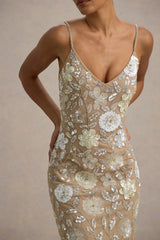 Gemini | Floral Sequin Hand-Embellished Strappy Maxi Dress