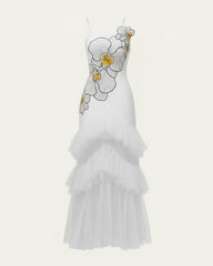 Orchid Embroidered Ruffled Tulle Strapless Maxi Dress - White
