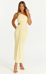 Vestido Midi Mandy - Vestido de Malla con Aberturas y Detalle de Nudo en Color Limón