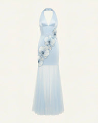 Orchid Embroidered Sheer Hem Halter Maxi Dress - Light Blue