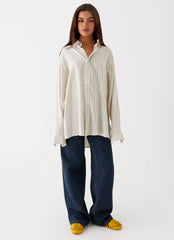 Camisa de lino Oversized Lockie - Raya diplomática color avena