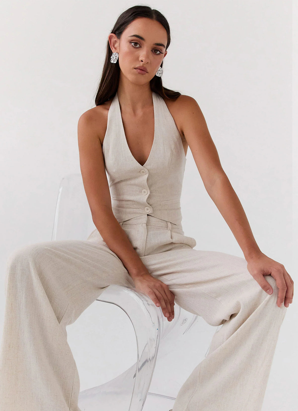 Chaleco de lino Ambrosa con cuello halter - Avena