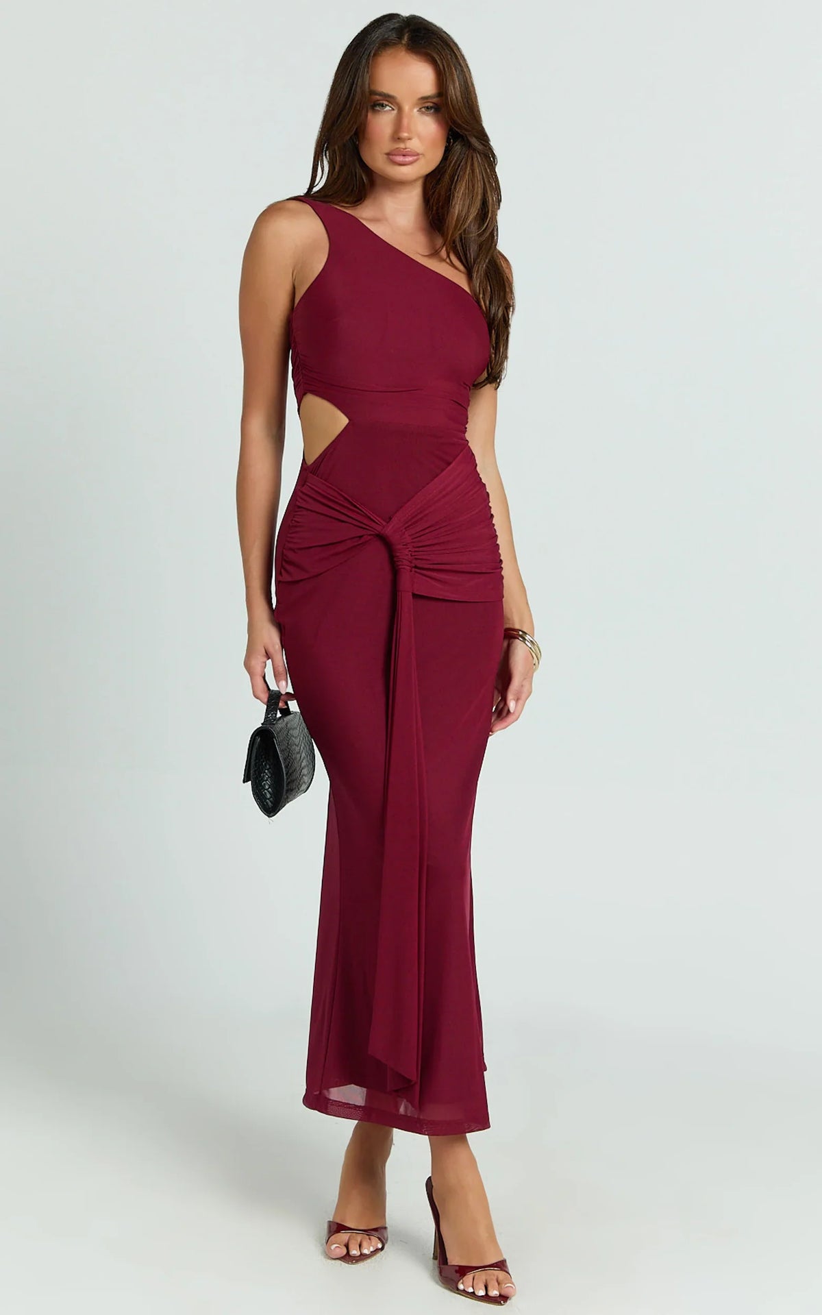Vestido midi Mandy - Vestido de malla con nudo y aberturas en color vino
