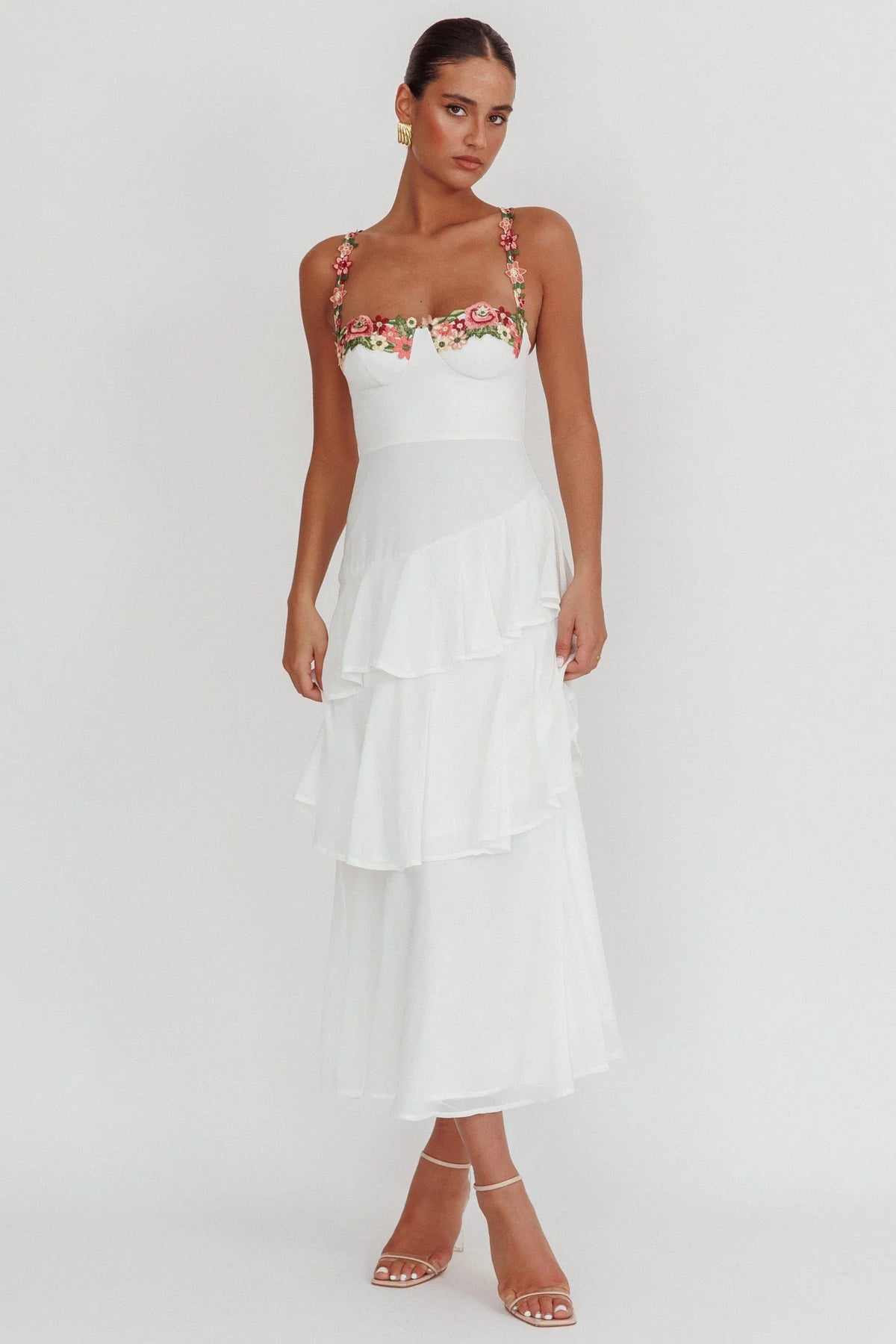 Vestido longo floral Rose Garden com babados em camadas e acabamento
