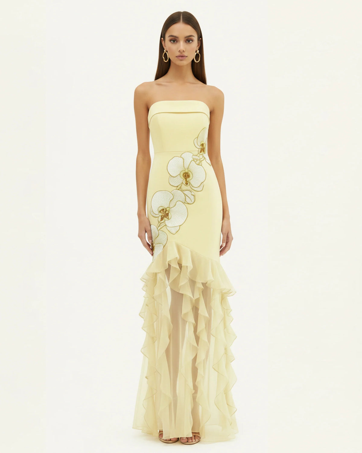 Orchid Embroidered Ruffled Strapless Maxi Dress - Pale Yellow