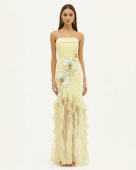 Orchid Embroidered Ruffled Strapless Maxi Dress - Pale Yellow