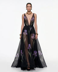 Sheer Floral Print Maxi Dress - Black