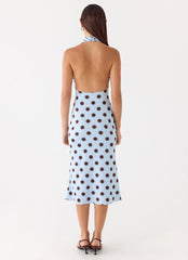 Vestido Awuku Midi - Poá Mocha Azul