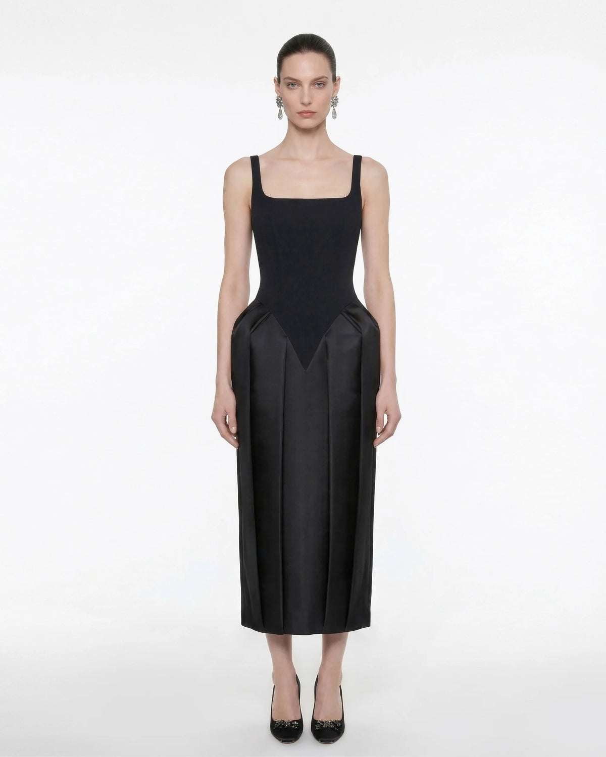 Square Neck Pannier Midi Dress - Black