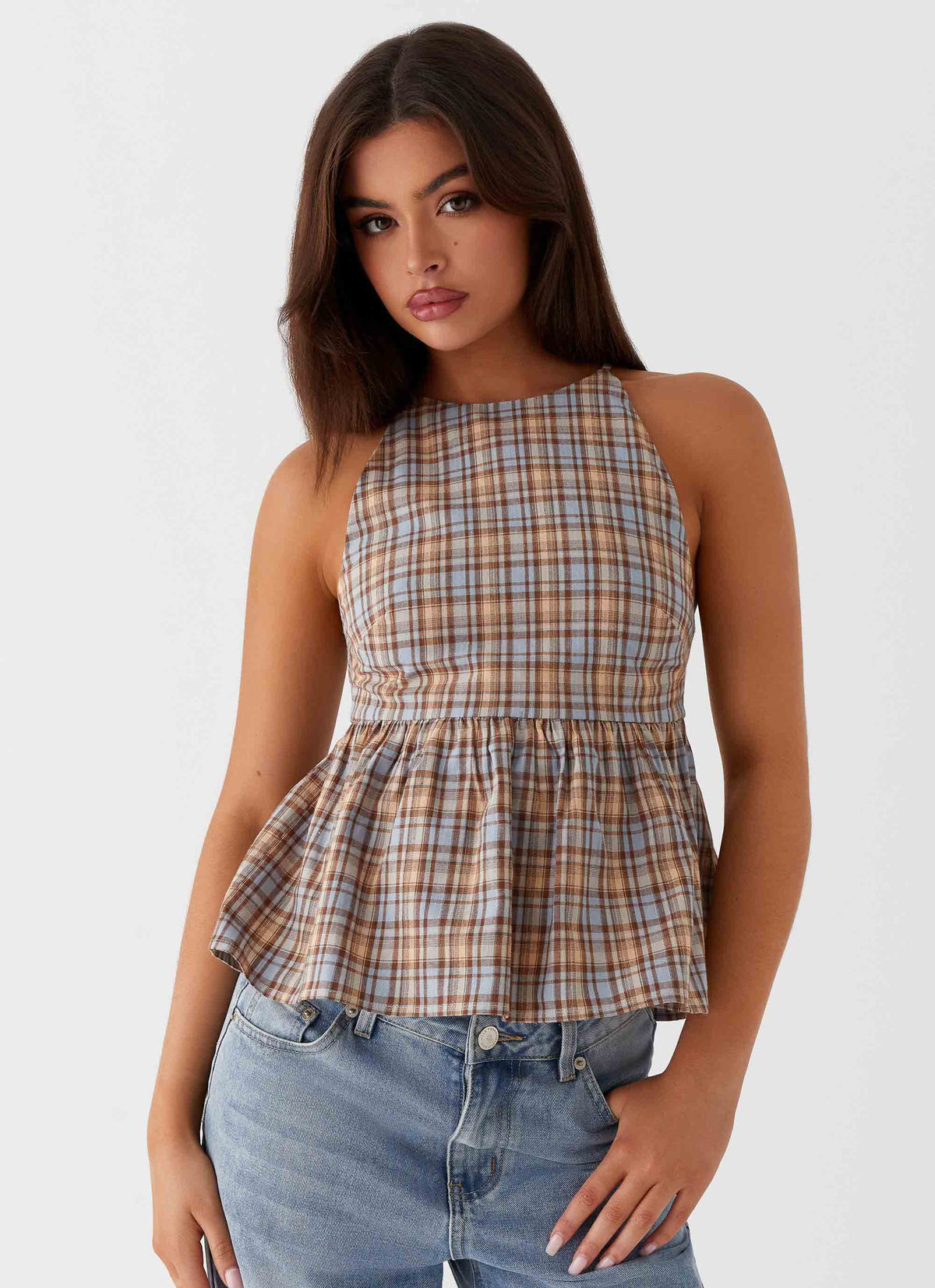 Tanith Ruffle Top - Xadrez Marrom