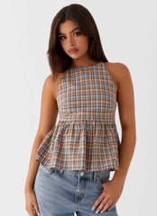 Tanith Ruffle Top - Xadrez Marrom