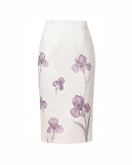 Iris Print High-Waisted Pencil Midi Skirt - White/Purple