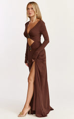 Sahara Maxi Dress - Long Sleeve Cut Out Gold Trim Dress in Chocolate