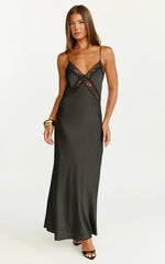 Vestido Christy Midi - Vestido lencero con cuello de pico y detalles de encaje en negro