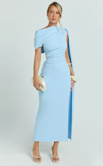Visenta Midi Dress - Asymmetrical Sleeve Dress in Blue