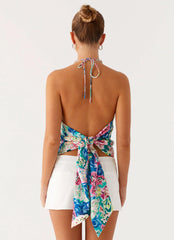 Dalila Blusa com Amarração e Contas - Estampa Floral Santorini
