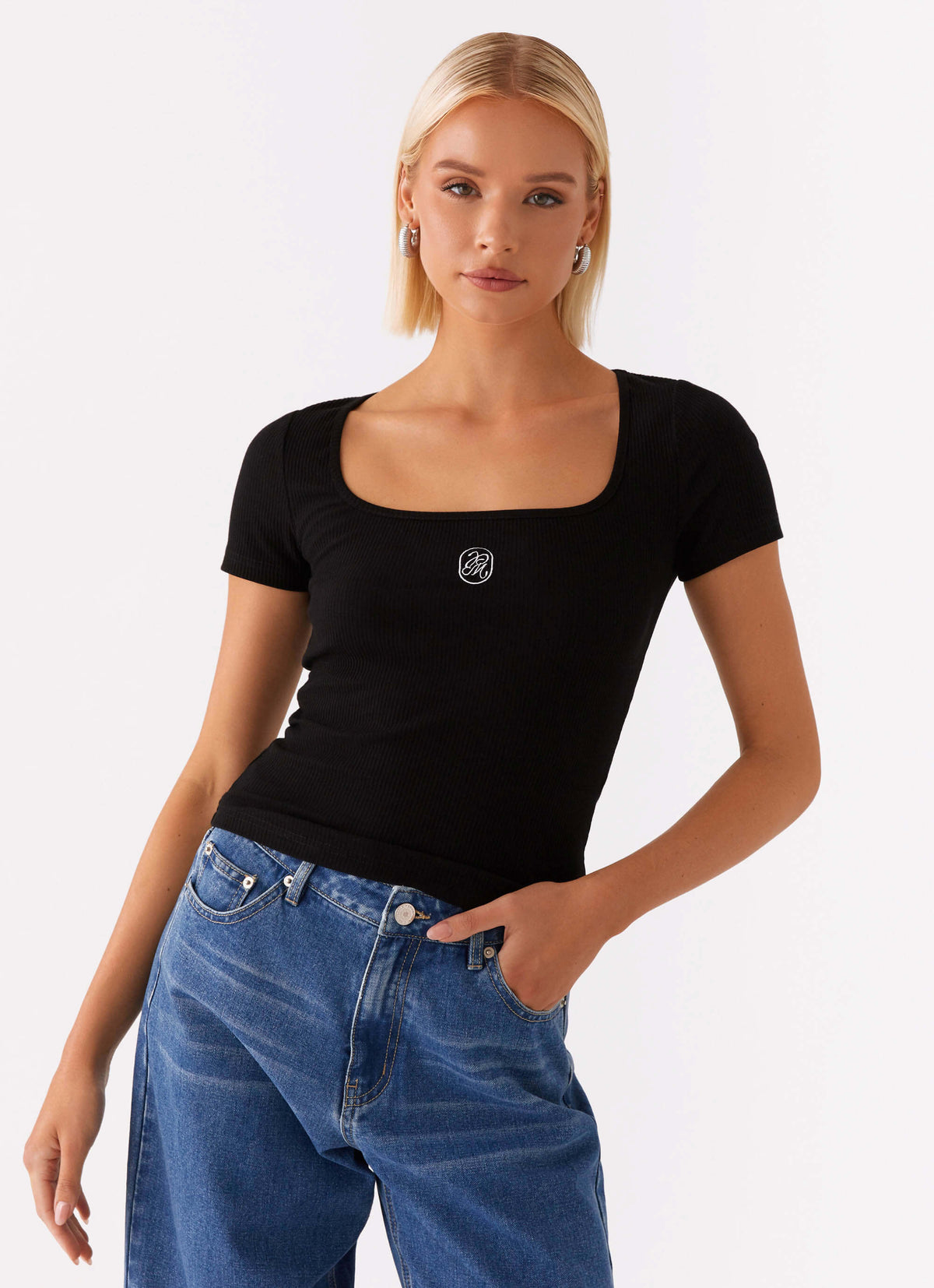 Top escote cuadrado con monograma distintivo - Negro