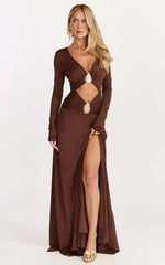 Sahara Maxi Dress - Long Sleeve Cut Out Gold Trim Dress in Chocolate