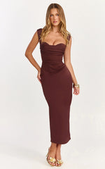 Kenna Maxi Dress - Gathered Bust Tucked Waist Dress in Chocolate