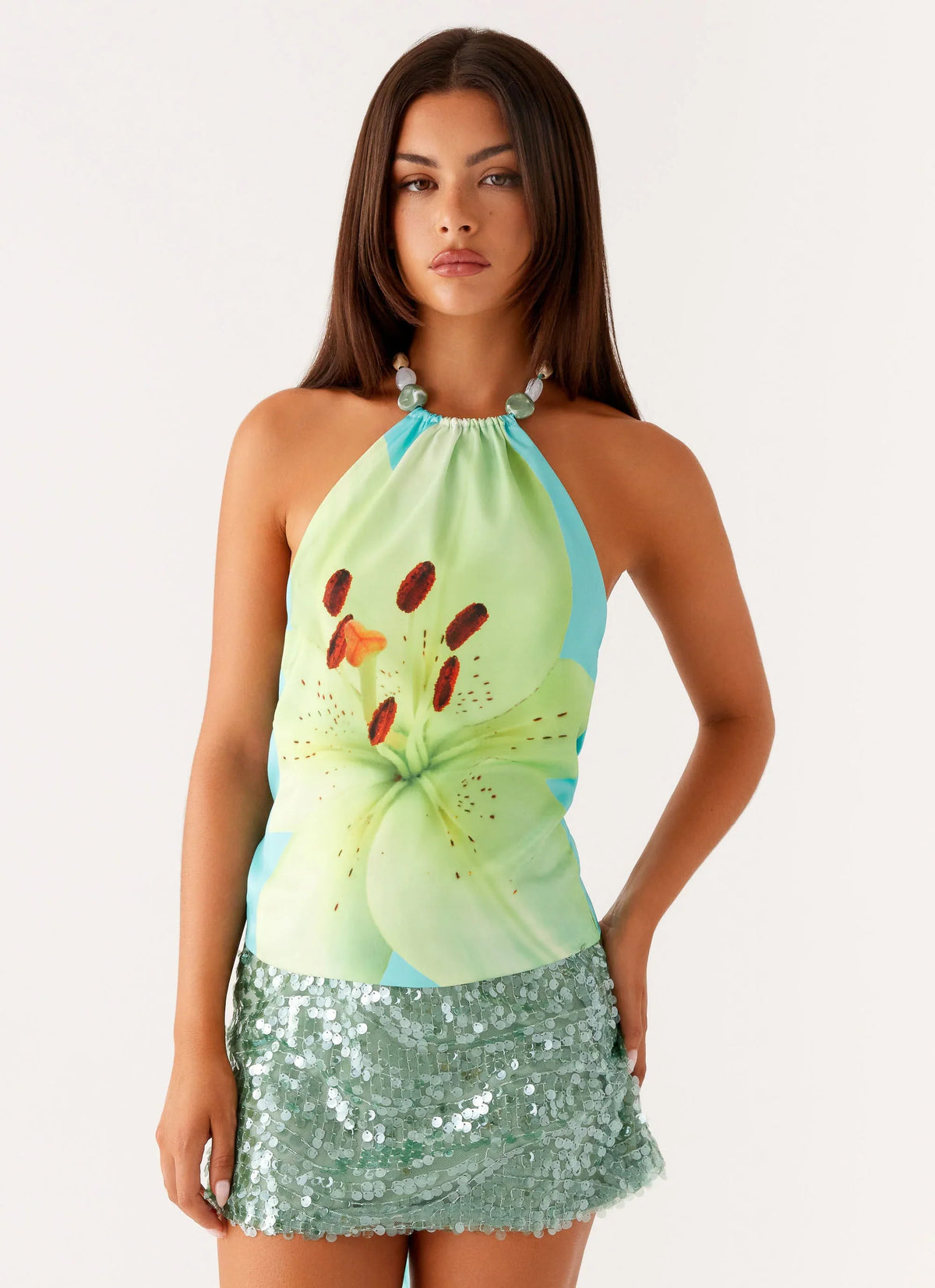Top con cuentas y lazada en la espalda Dalila - Floral turquesa