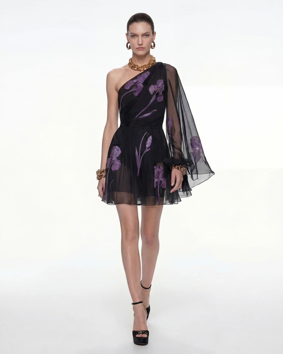 One Shoulder Floral Mesh Dress - Black