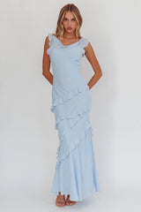 Vestido Longo Sangria Azul com Gola Drapeada e Babados