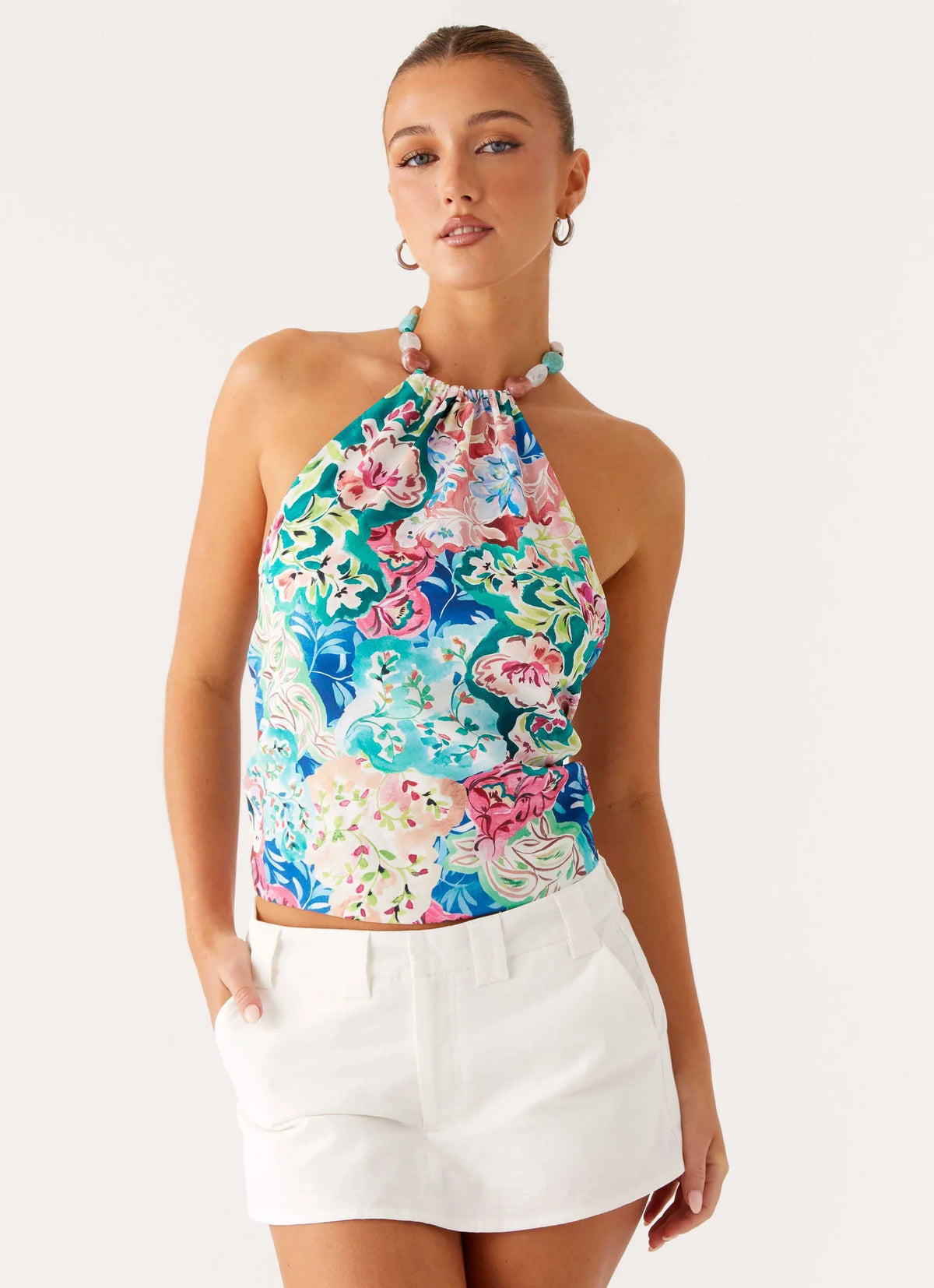 Dalila Blusa com Amarração e Contas - Estampa Floral Santorini