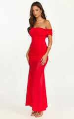 Victoria Maxi Dress - Vestido acampanado ajustado sin hombros en rojo