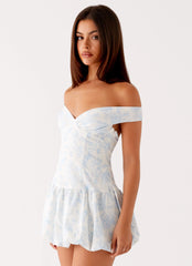 Minivestido Endless Romance com ombros de fora - Floral Azul