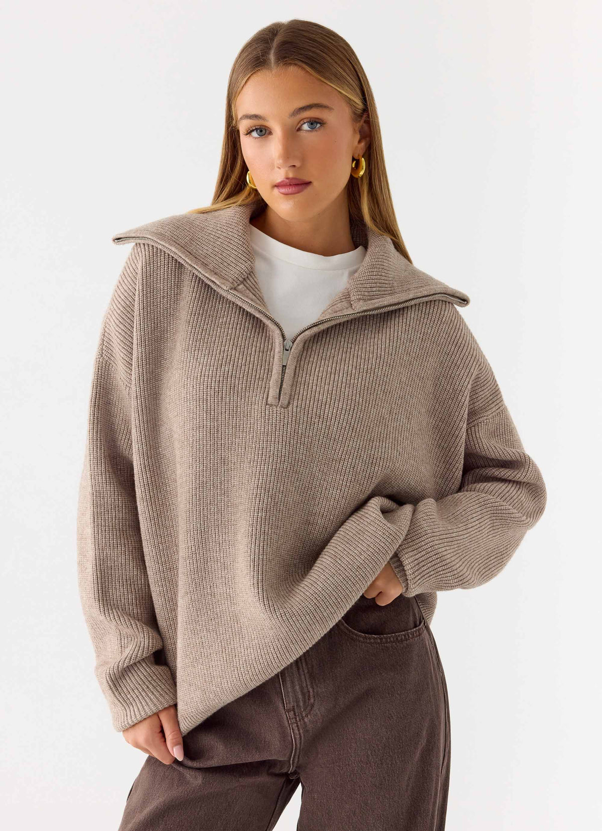 Jersey de punto Eirena con cremallera en el cuello - Canela