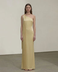 Fringe One Shoulder Maxi Dress - Champagne