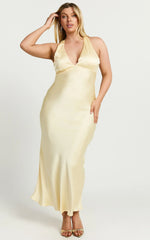 Vestido Midi Khalani - Vestido Midi de Cetim com Decote em V Profundo Amarelo Manteiga