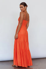 Vestido Longo de Alça com Detalhe na Cintura Laranja Tangerina