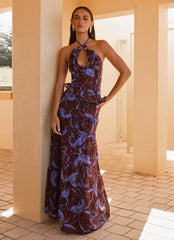 Top de lino Mariella - Floral morado y café
