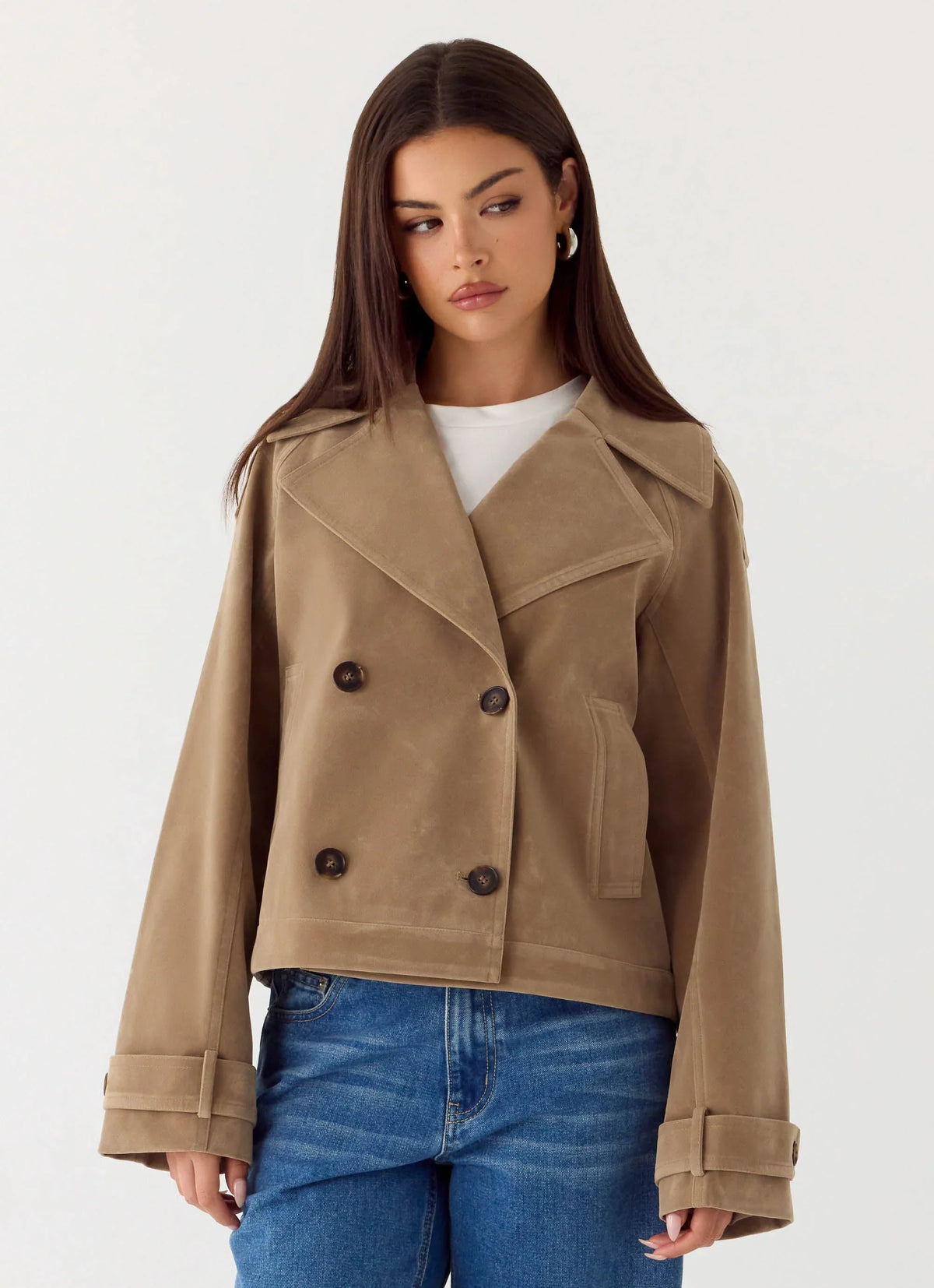Chaqueta corta tipo gabardina de antelina Evan - Color canela