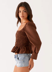 Blusa Joyce em Algodão com Mangas Longas e Detalhes Franzidos - Chocolate