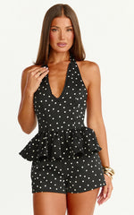 Top Seraphina - Top Peplum con Cuello en V y Estampado de Lunares en Negro