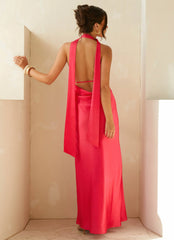 Vestido largo de satén con cuello halter Alicia - Fucsia