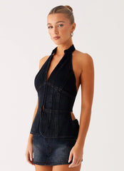 Top Esma Halter - Azul Escuro Lavado