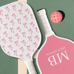 Pretty pink striped bow name pickleball paddle